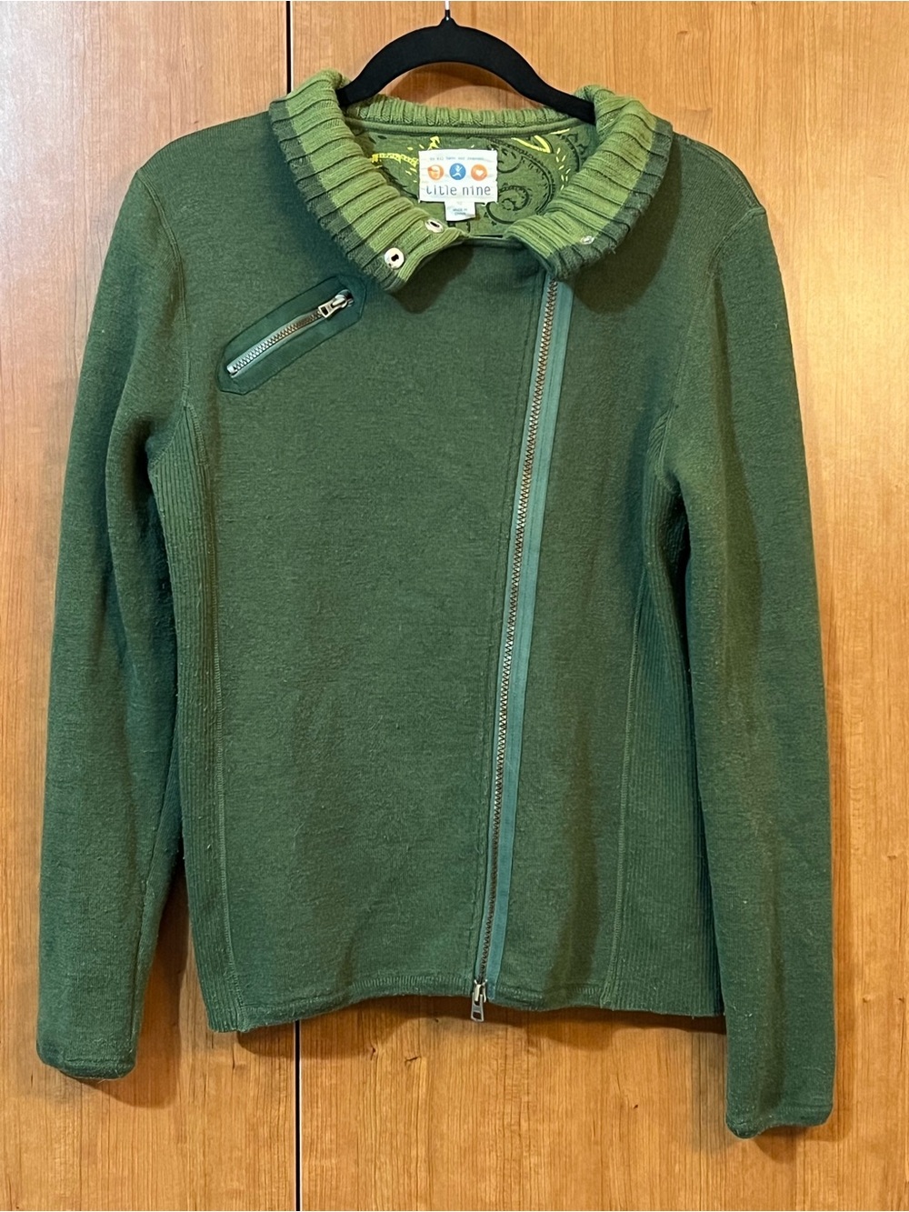 Title Nine Sweater Jacket Wool Blend Olive Green Full Zip Paisley Lined Size Med
